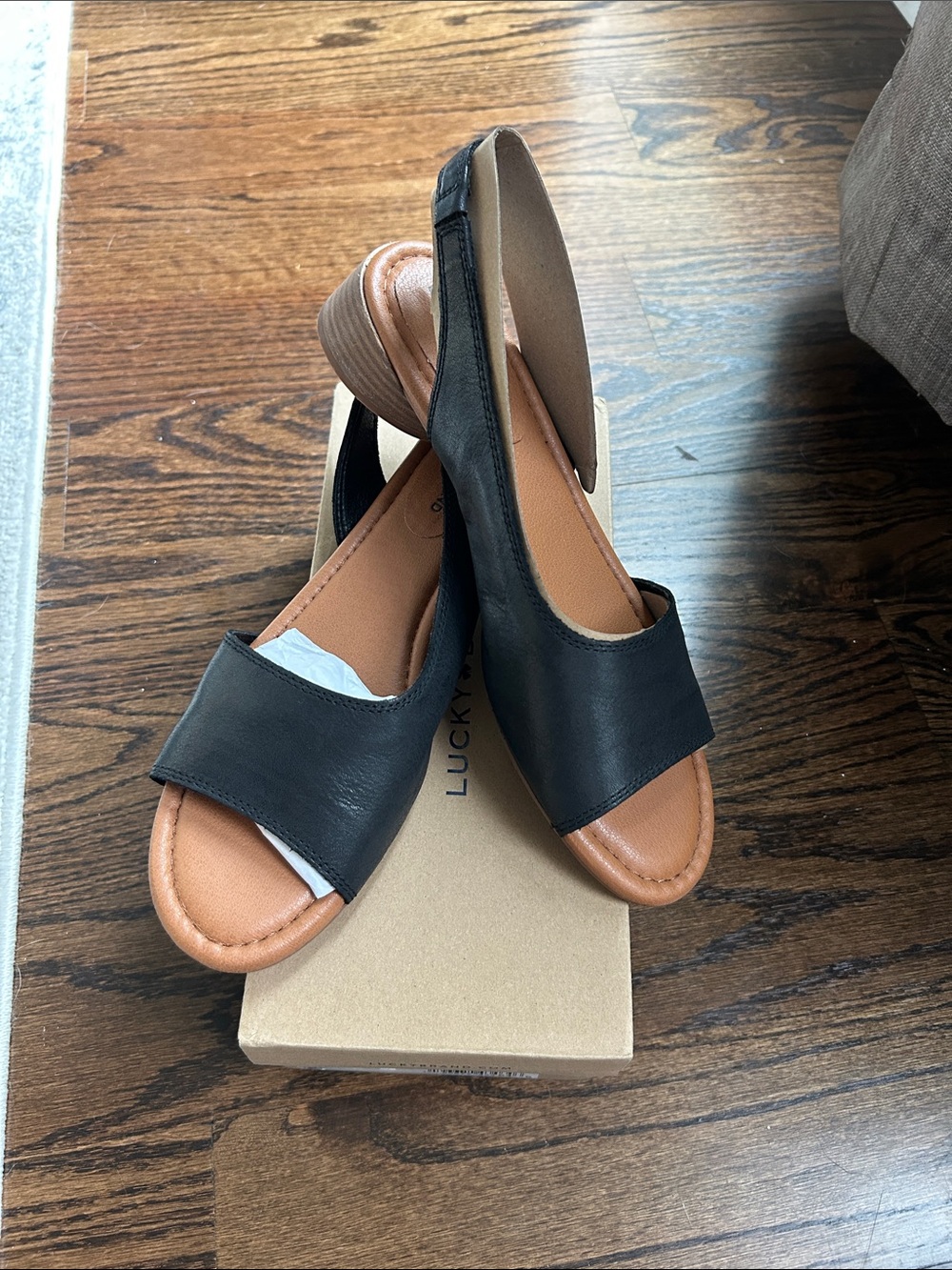 Lucky Brand Black and Tan Leather Slingback Sandals